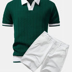 Texture Contrast Knitted V Neck Polo Shirt & Cotton Chino Shorts