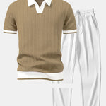 Texture Contrast Knitted V Neck Polo Shirt & Straight Leg Ribbed Pants