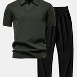 Pineapple Texture Knit V Neck Polo & Straight Leg Ribbed Pants
