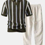 Striped Crochet V Neck Polo & Straight Leg Linen Pants