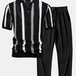 Stripe Knit V Neck Polo Shirt & Straight Leg Ribbed Pants