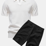 Pineapple Texture Knit V Neck Polo & Cotton Chino Shorts