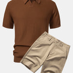 Wave Jacquard Knit V Neck Polo Shirt & Cotton Chino Shorts