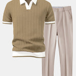 Texture Contrast Knitted V Neck Polo Shirt & Slim Fit Tapered Trousers