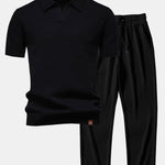 Pineapple Texture Knit V Neck Polo & Straight Leg Ribbed Pants