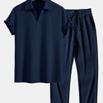 Short Sleeved V-Neck Ribbed Polo & Straight Leg Ribbed Pants