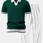 Texture Contrast Knitted V Neck Polo Shirt & Straight Leg Ribbed Pants