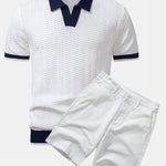 Texture Contrast Knitted V Neck Polo Shirt & Cotton Chino Shorts