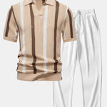 Stripe Knit V Neck Polo Shirt & Straight Leg Ribbed Pants