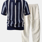 Striped Crochet V Neck Polo & Straight Leg Linen Pants