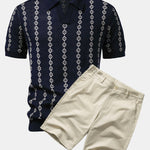 Geometric Knit V Neck Polo Shirt & Cotton Chino Shorts