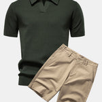 Pineapple Texture Knit V Neck Polo & Cotton Chino Shorts