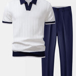 Texture Contrast Knitted V Neck Polo Shirt & Slim Fit Tapered Trousers