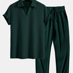 Short Sleeved V-Neck Ribbed Polo & Straight Leg Ribbed Pants