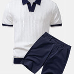 Texture Contrast Knitted V Neck Polo Shirt & Cotton Chino Shorts