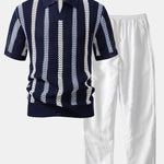 Striped Crochet V Neck Polo & Straight Leg Linen Pants