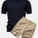 Pineapple Texture Knit V Neck Polo & Cotton Chino Shorts