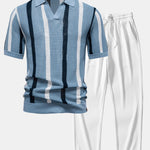Stripe Knit V Neck Polo Shirt & Straight Leg Ribbed Pants