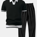 Texture Contrast Knitted V Neck Polo Shirt & Straight Leg Ribbed Pants