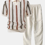 Striped Crochet V Neck Polo & Straight Leg Linen Pants