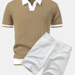 Texture Contrast Knitted V Neck Polo Shirt & Cotton Chino Shorts