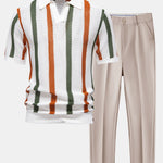 Stripe Knit V Neck Polo Shirt & Slim Fit Tapered Trousers