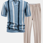 Stripe Knit V Neck Polo Shirt & Slim Fit Tapered Trousers