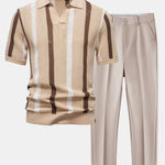 Stripe Knit V Neck Polo Shirt & Slim Fit Tapered Trousers
