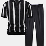 Stripe Knit V Neck Polo Shirt & Slim Fit Tapered Trousers
