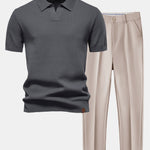 Pineapple Texture Knit V Neck Polo & Slim Fit Tapered Trousers