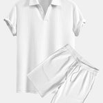Short Sleeved V-Neck Ribbed Polo & Drawstring Ribbed Shorts