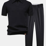 Pineapple Texture Knit V Neck Polo & Slim Fit Tapered Trousers