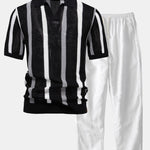 Stripe Knit V Neck Polo Shirt & Straight Leg Linen Pants