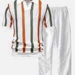 Stripe Knit V Neck Polo Shirt & Straight Leg Linen Pants