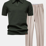 Pineapple Texture Knit V Neck Polo & Slim Fit Tapered Trousers