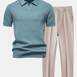 Pineapple Texture Knit V Neck Polo & Slim Fit Tapered Trousers