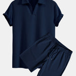 Short Sleeved V-Neck Ribbed Polo & Drawstring Ribbed Shorts