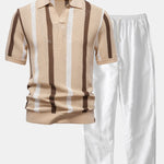 Stripe Knit V Neck Polo Shirt & Straight Leg Linen Pants