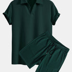 Short Sleeved V-Neck Ribbed Polo & Drawstring Ribbed Shorts