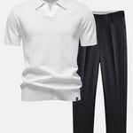 Pineapple Texture Knit V Neck Polo & Slim Fit Tapered Trousers