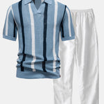 Stripe Knit V Neck Polo Shirt & Straight Leg Linen Pants