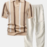 Stripe Knit V Neck Polo Shirt & Straight Leg Linen Pants