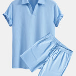Short Sleeved V-Neck Ribbed Polo & Drawstring Ribbed Shorts