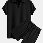 Short Sleeved V-Neck Ribbed Polo & Drawstring Ribbed Shorts
