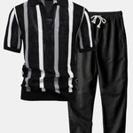 Stripe Knit V Neck Polo Shirt & Straight Leg Linen Pants