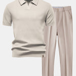 Pineapple Texture Knit V Neck Polo & Slim Fit Tapered Trousers
