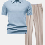 Pineapple Texture Knit V Neck Polo & Slim Fit Tapered Trousers