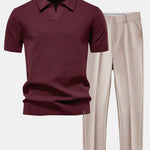 Pineapple Texture Knit V Neck Polo & Slim Fit Tapered Trousers