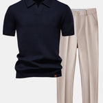 Pineapple Texture Knit V Neck Polo & Slim Fit Tapered Trousers