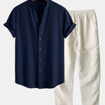 Crinkled Textured V Neck Shirt & Straight Leg Linen Pants